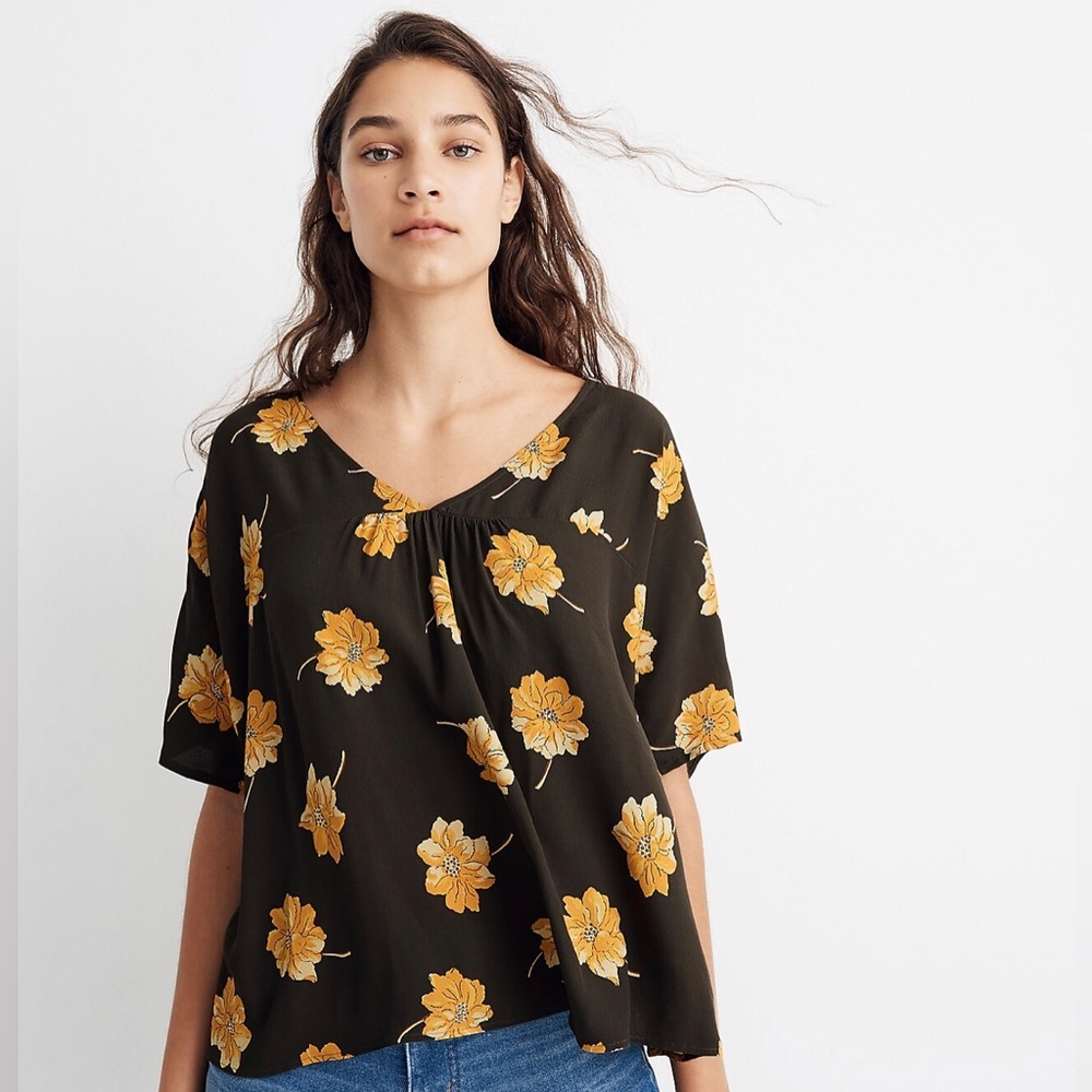 Madewell Rhyme Top in Fall Flowers Green Yellow XXS